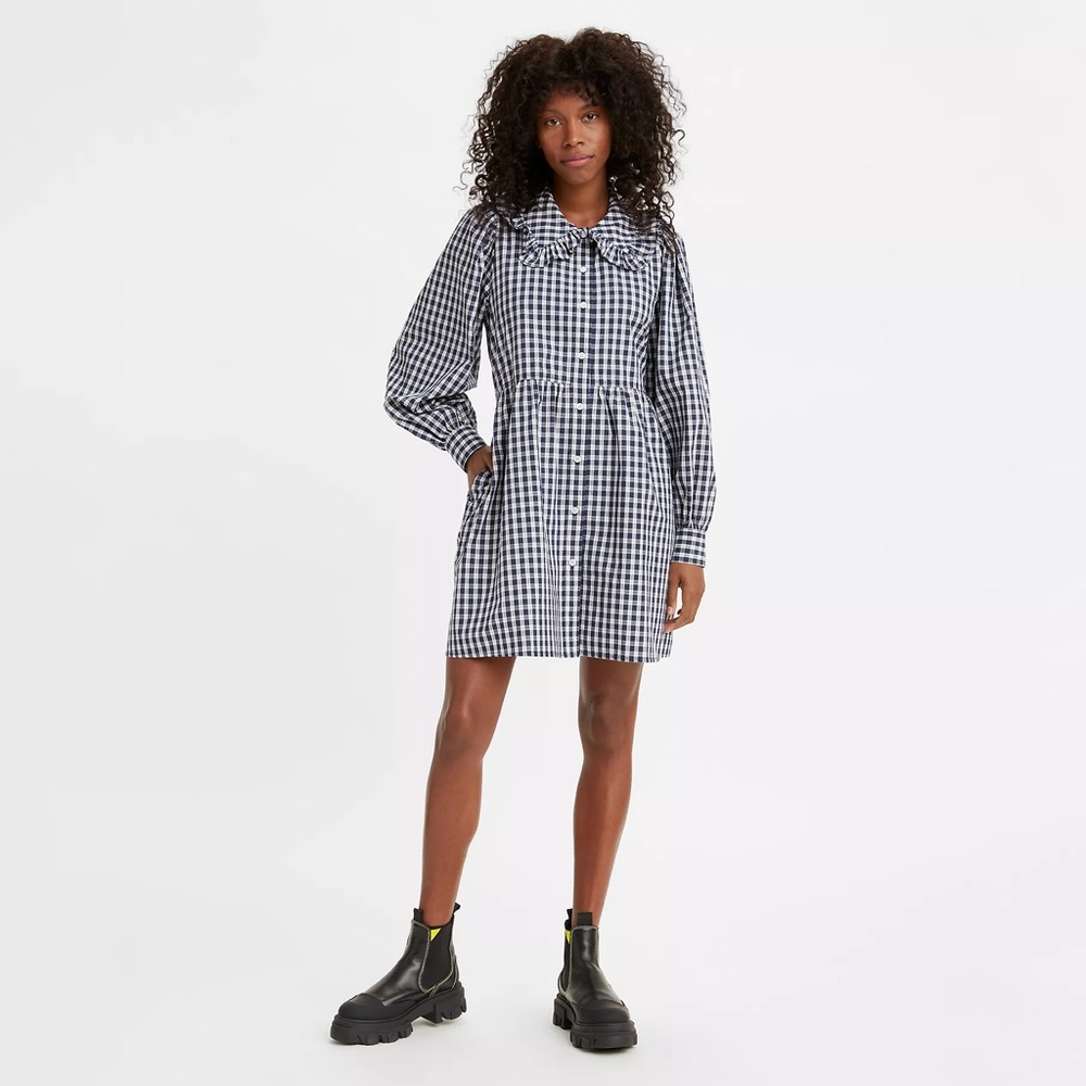 Plaid shirt dress with a wide, ruffled collar